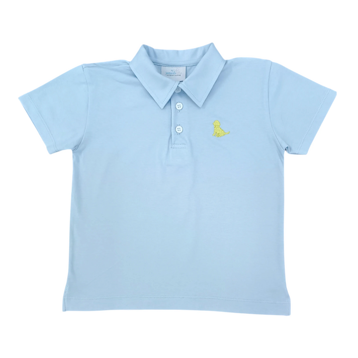 That Store light blue short-sleeve polo shirt for children with a yellow puppy embroidery on the chest