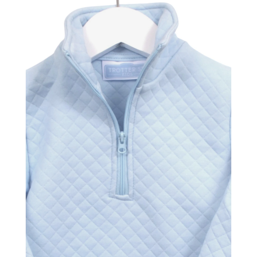 That Store light blue quilted 1/4 zip pullover for kids with a high collar and soft texture