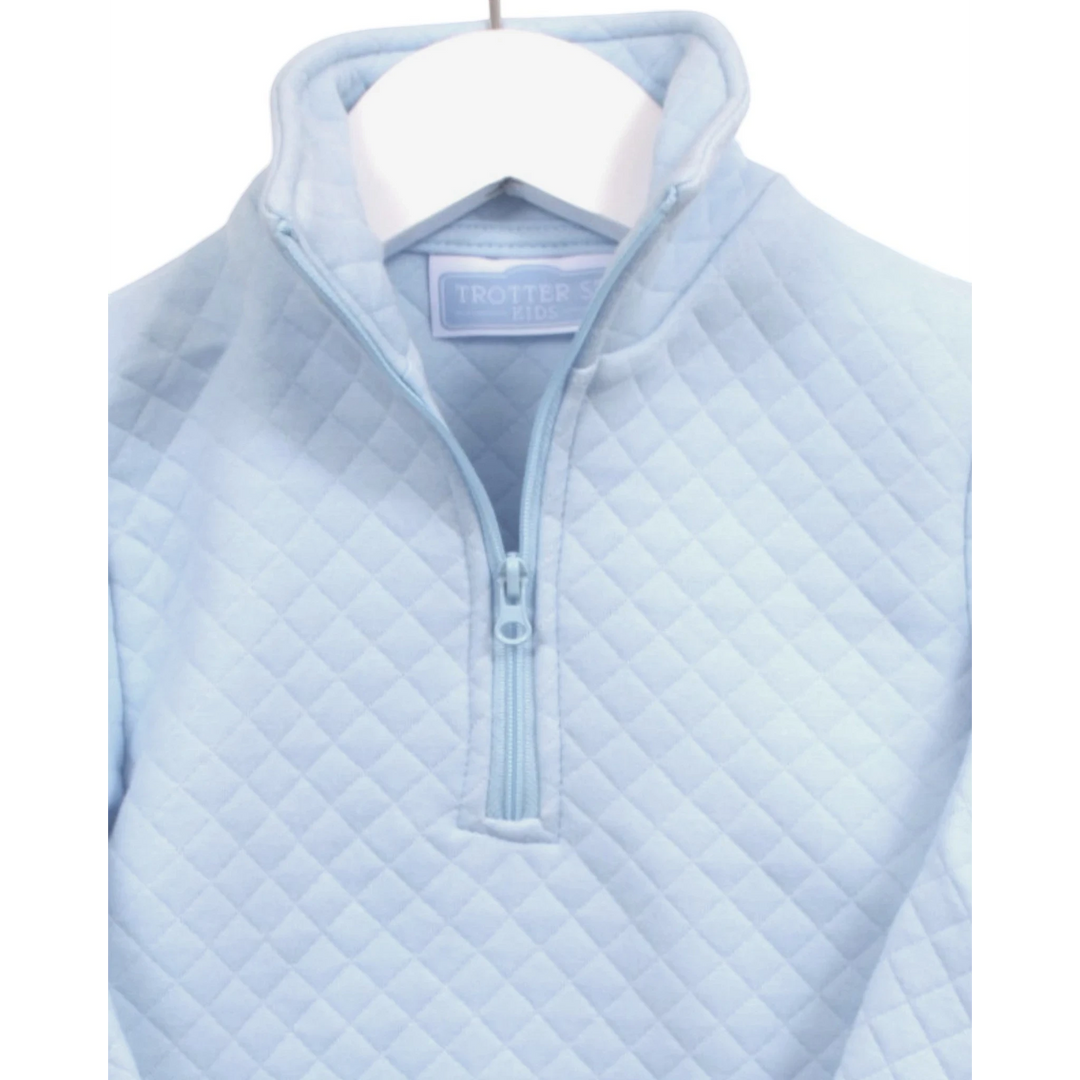 That Store light blue quilted 1/4 zip pullover for kids with a high collar and soft texture
