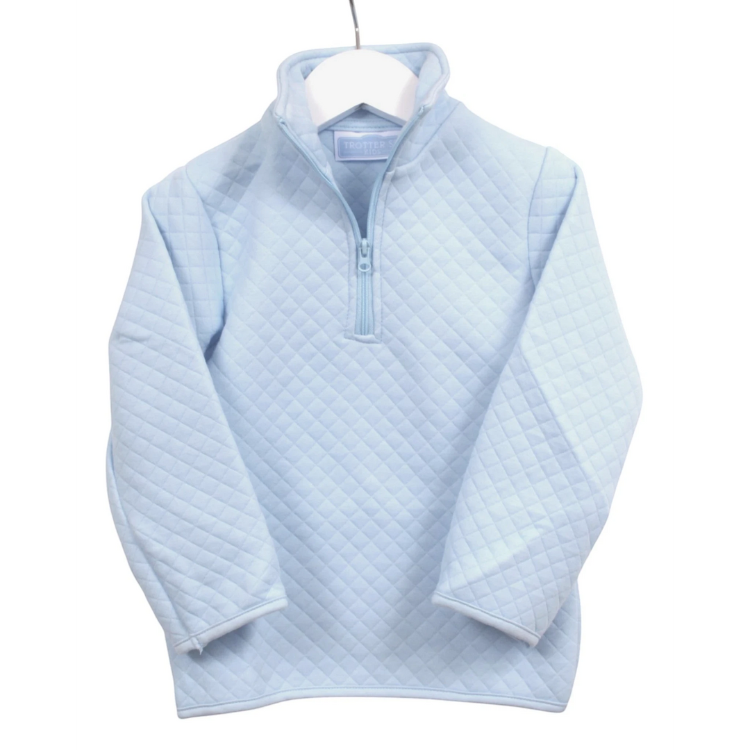 That Store light blue quilted 1/4 zip pullover for kids, featuring a cozy texture and high collar.