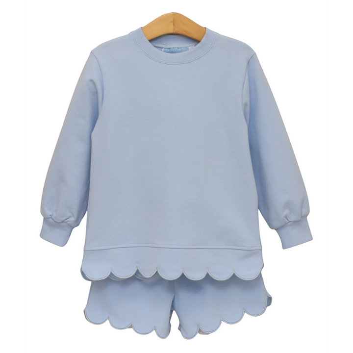 That Store light blue cotton blend two-piece set for girls featuring a long-sleeve top and shorts with scalloped edges