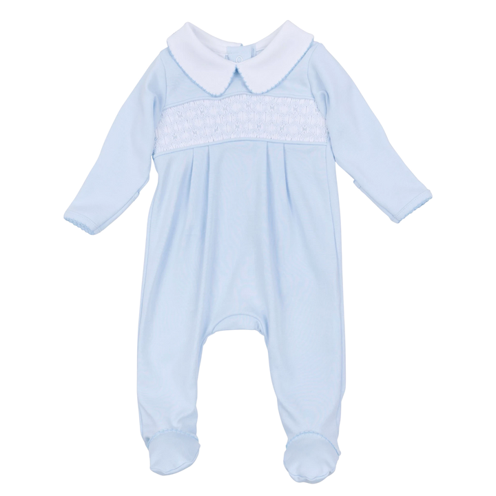 That Store light blue Pima cotton baby footie with white collar and delicate hand-smocked chest detailing.