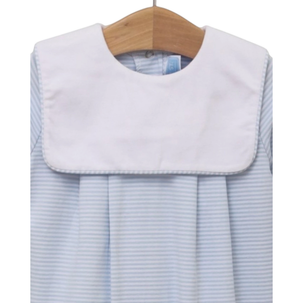 That Store light blue striped cotton blend baby romper with a classic white collar on a wooden hanger