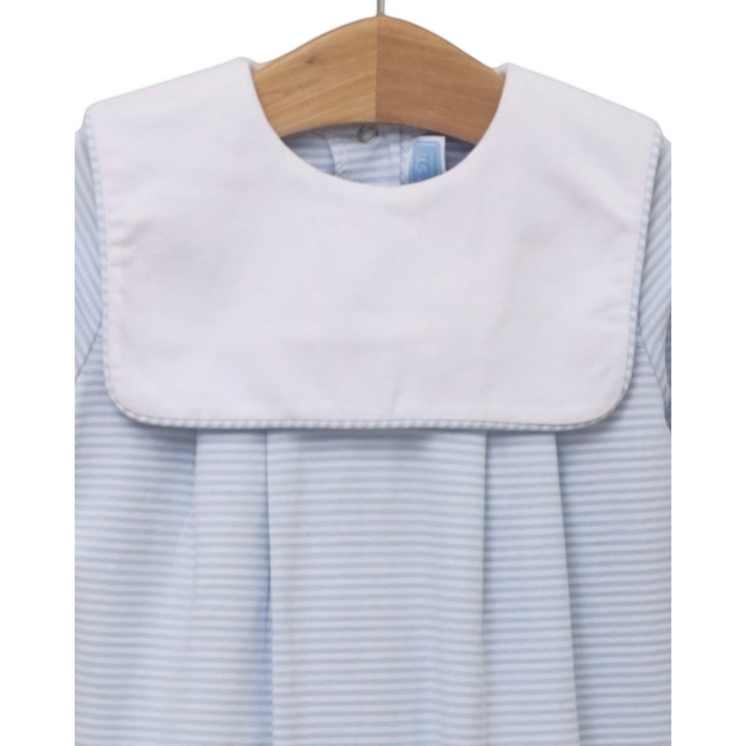 That Store light blue striped cotton blend baby romper with a classic white collar on a wooden hanger