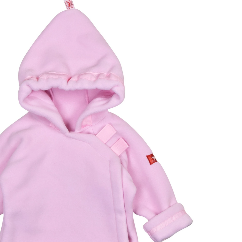That Store light pink Polartec fleece infant jacket with a hood, Velcro closure, and adjustable grosgrain ribbon.