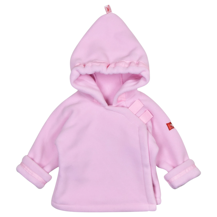 That Store light pink Polartec fleece infant jacket with a hooded flap-over-flap Velcro closure design.
