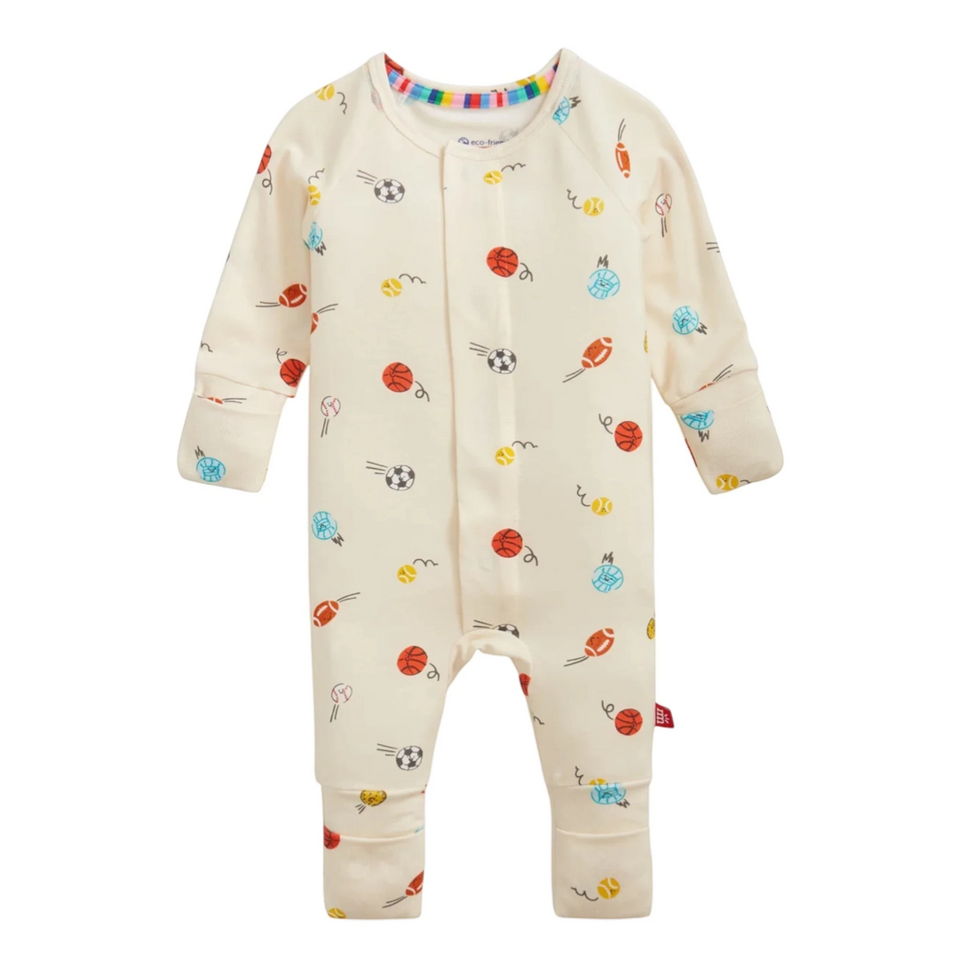 That Store Little Baller modal convertible coverall in cream with colorful sports ball print and magnetic closures