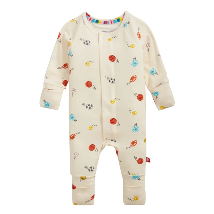 That Store Little Baller modal convertible coverall in cream with colorful sports ball print and magnetic closures