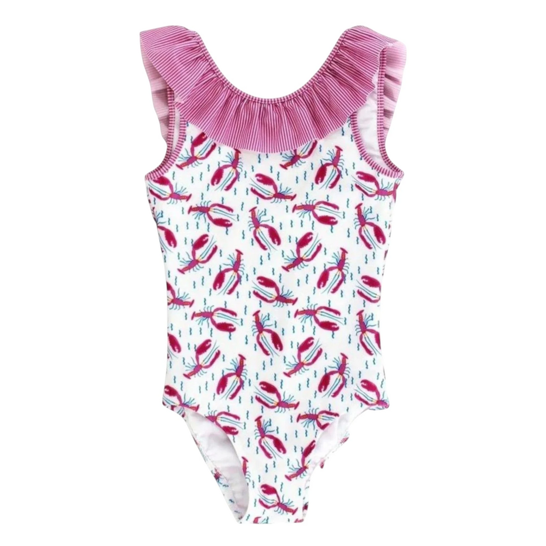 That Store J Bailey white one-piece swimsuit featuring a hot pink and blue lobster print and ruffled shoulder detail.