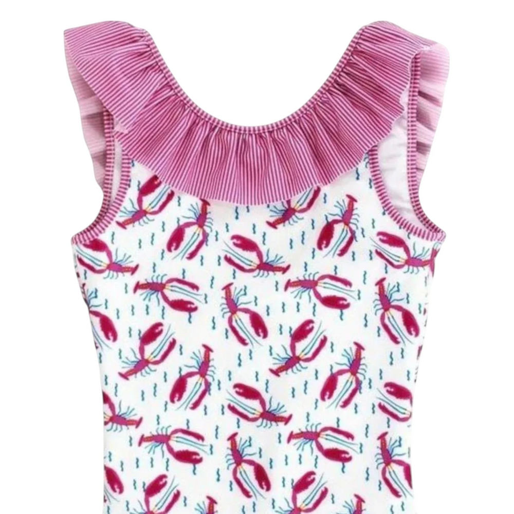 That Store J Bailey white one-piece swimsuit featuring a hot pink and blue lobster print with ruffled shoulder straps.