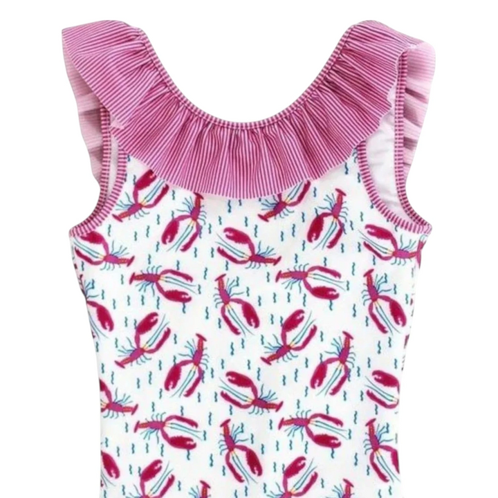 That Store J Bailey white one-piece swimsuit featuring a hot pink and blue lobster print with ruffled shoulder straps.