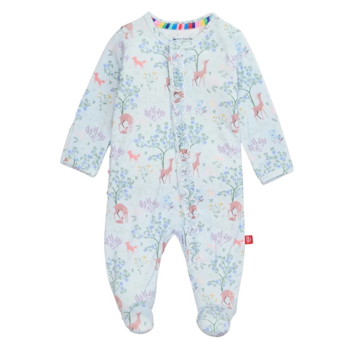 That Store Love You Deerly modal baby footie in light blue with deer and floral print and ruffle front detail