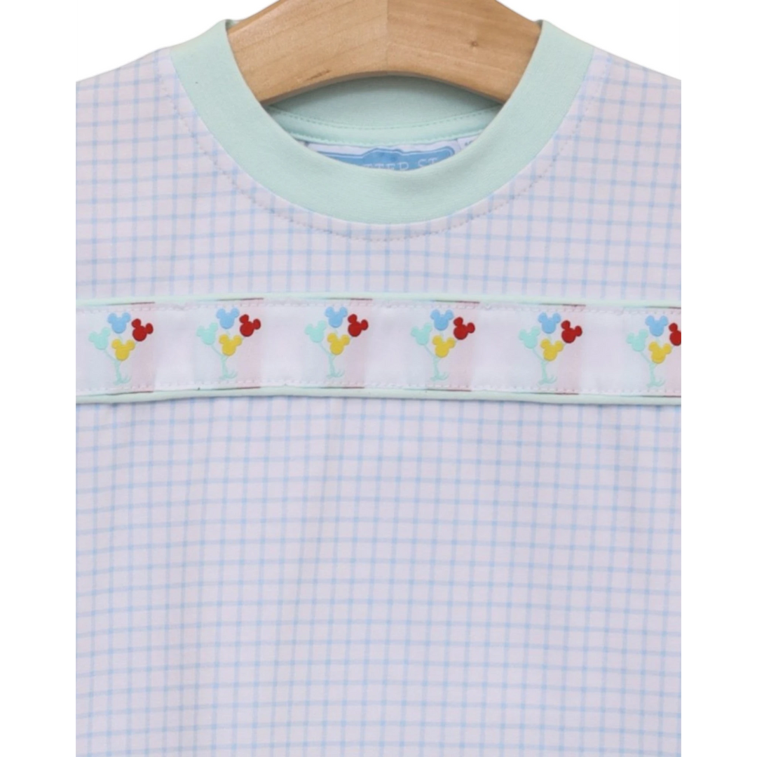 That Store Magical Balloons short set in blue and white check cotton with Mickey balloon ribbon trim