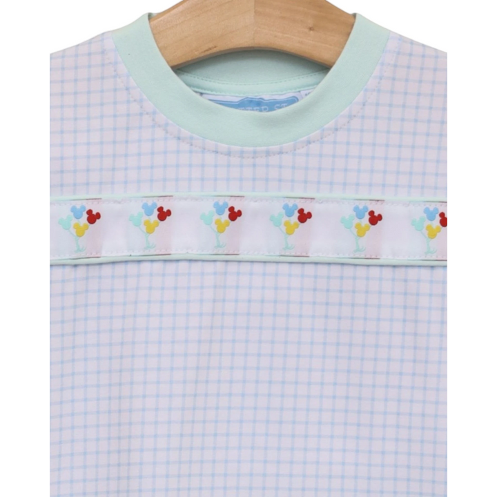That Store Magical Balloons short set in blue and white check cotton with Mickey balloon ribbon trim
