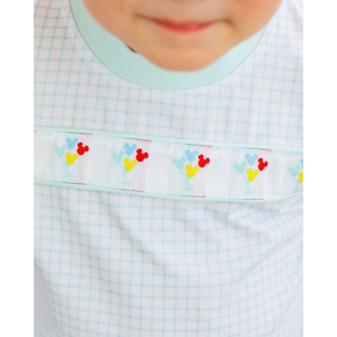 That Store Magical Balloons short set in light blue plaid cotton with Mickey balloon ribbon detail on the chest