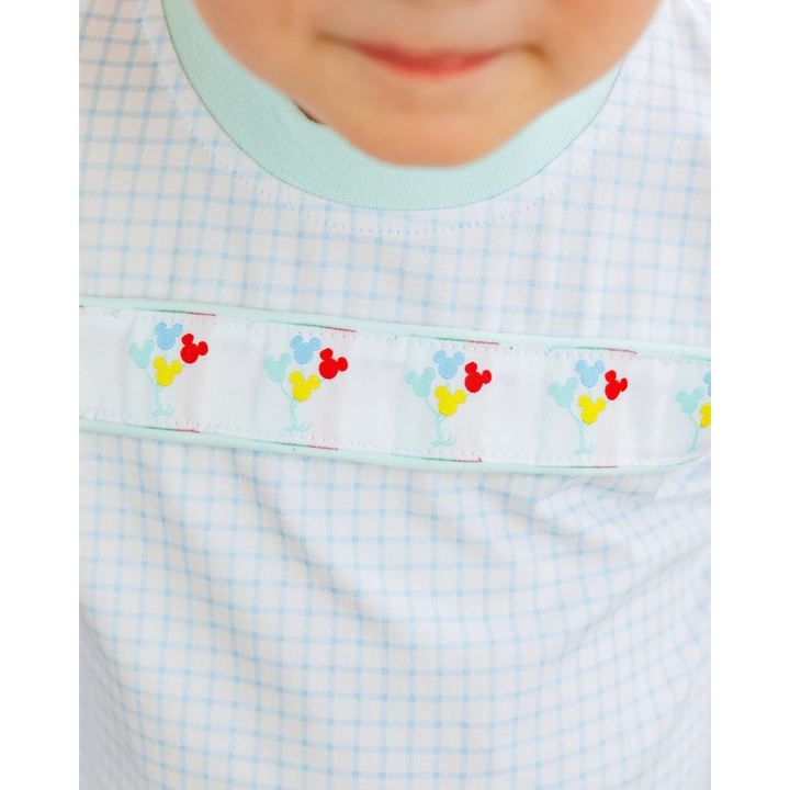 That Store Magical Balloons short set in light blue plaid cotton with Mickey balloon ribbon detail on the chest