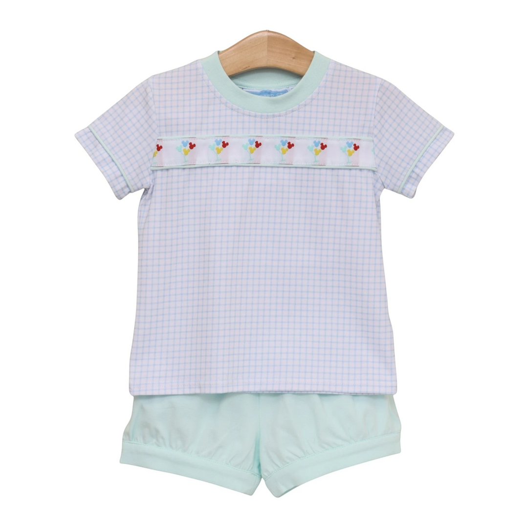 That Store Magical Balloons short set in light blue plaid cotton with Mickey balloon ribbon trim and solid shorts