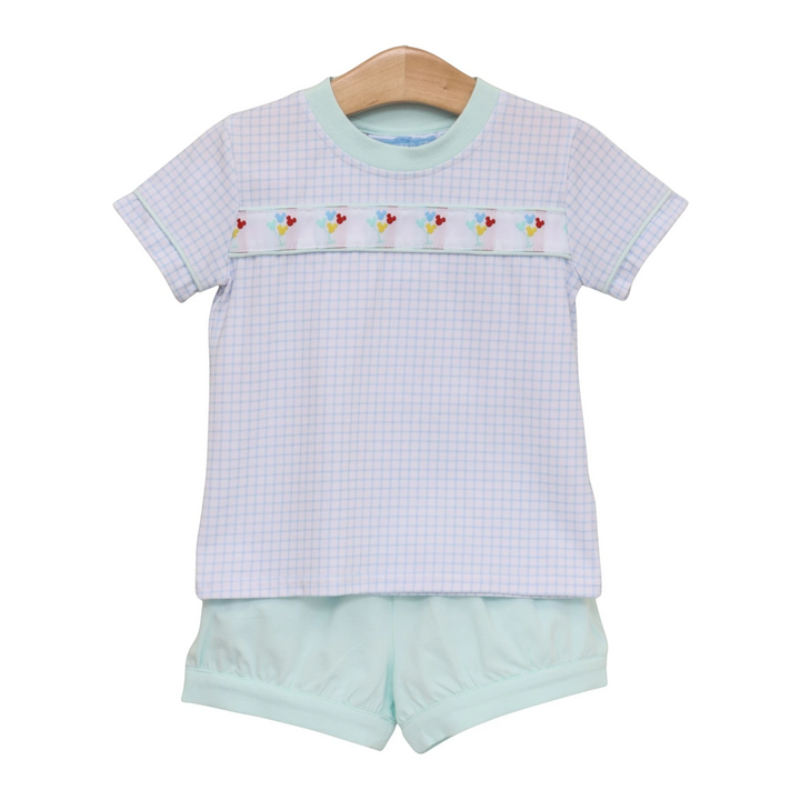 That Store Magical Balloons short set in light blue plaid cotton with Mickey balloon ribbon trim and solid shorts