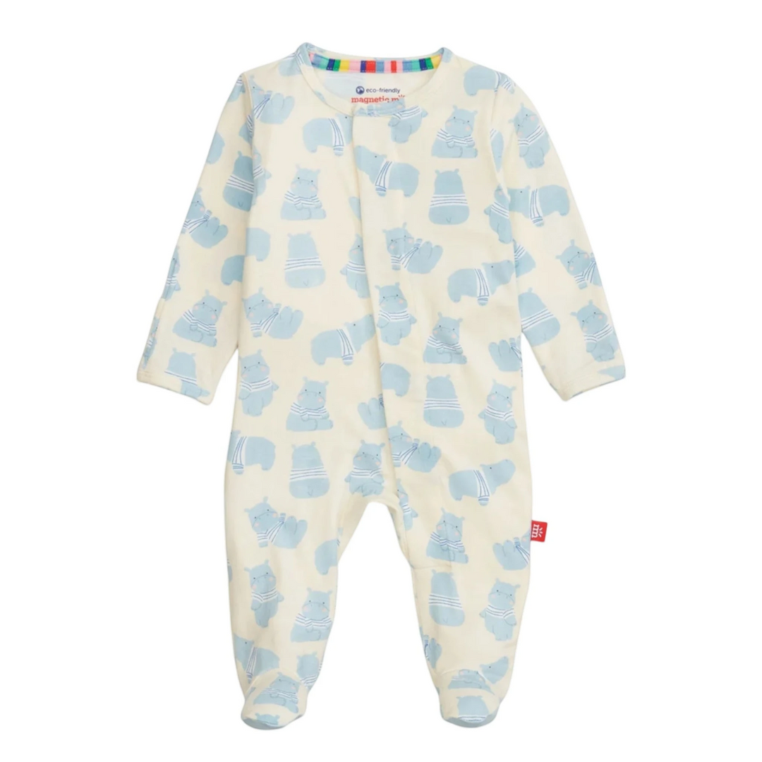 That Store Magnetic Footie in Pudgemuffin print featuring blue hippos on soft modal fabric with magnetic closures.