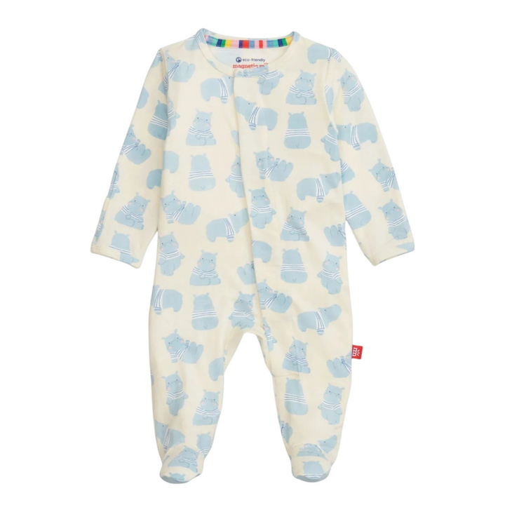 That Store Magnetic Footie in Pudgemuffin print featuring blue hippos on soft modal fabric with magnetic closures.