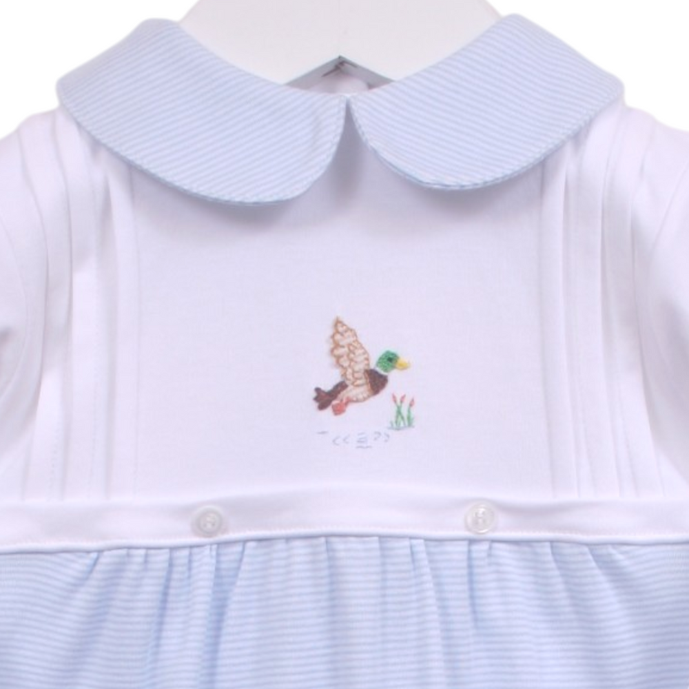 That Store boys romper in white and blue stripe featuring a mallard duck applique and a classic Peter Pan collar.