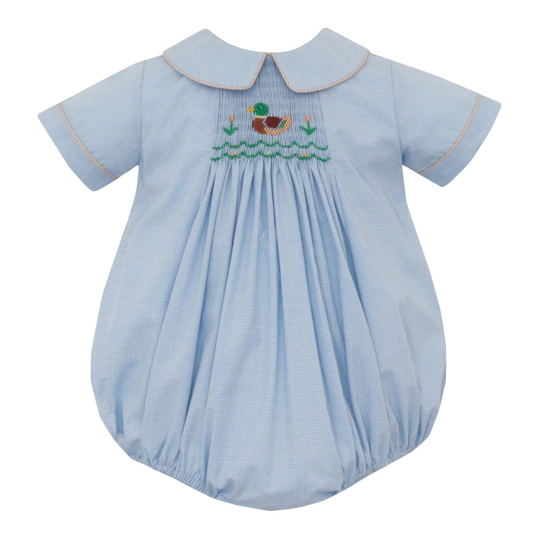 That Store boys bubble in mallard blue micro check fabric with hand smocked duck embroidery and a peter pan collar.