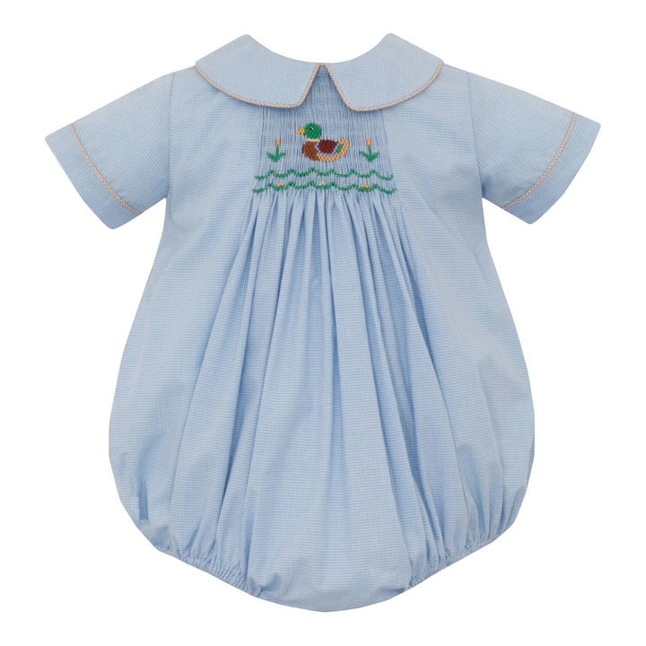 That Store boys bubble in mallard blue micro check fabric with hand smocked duck embroidery and a peter pan collar.