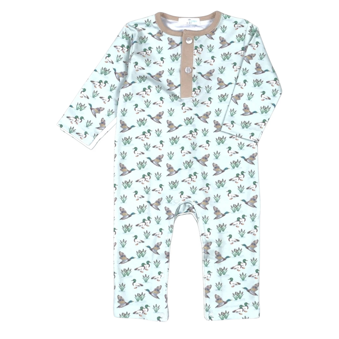That Store light green Pima cotton boys romper featuring a charming mallard duck print and a button-up henley neckline.
