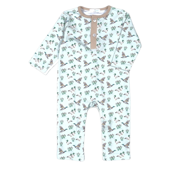 That Store light green Pima cotton boys romper featuring a charming mallard duck print and a button-up henley neckline.