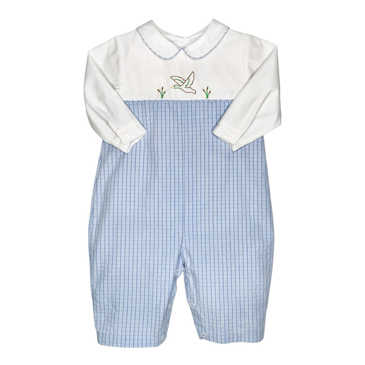 That Store baby longall with white bodice, mallard duck embroidery, and light blue windowpane check fabric.