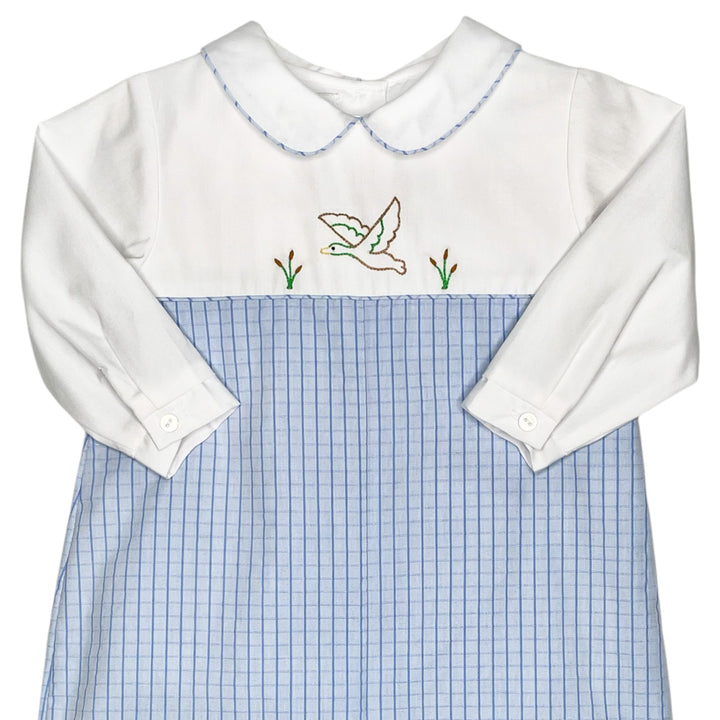 That Store Mallard Embroidered Longall with white bodice, Peter Pan collar, and light blue windowpane check fabric.