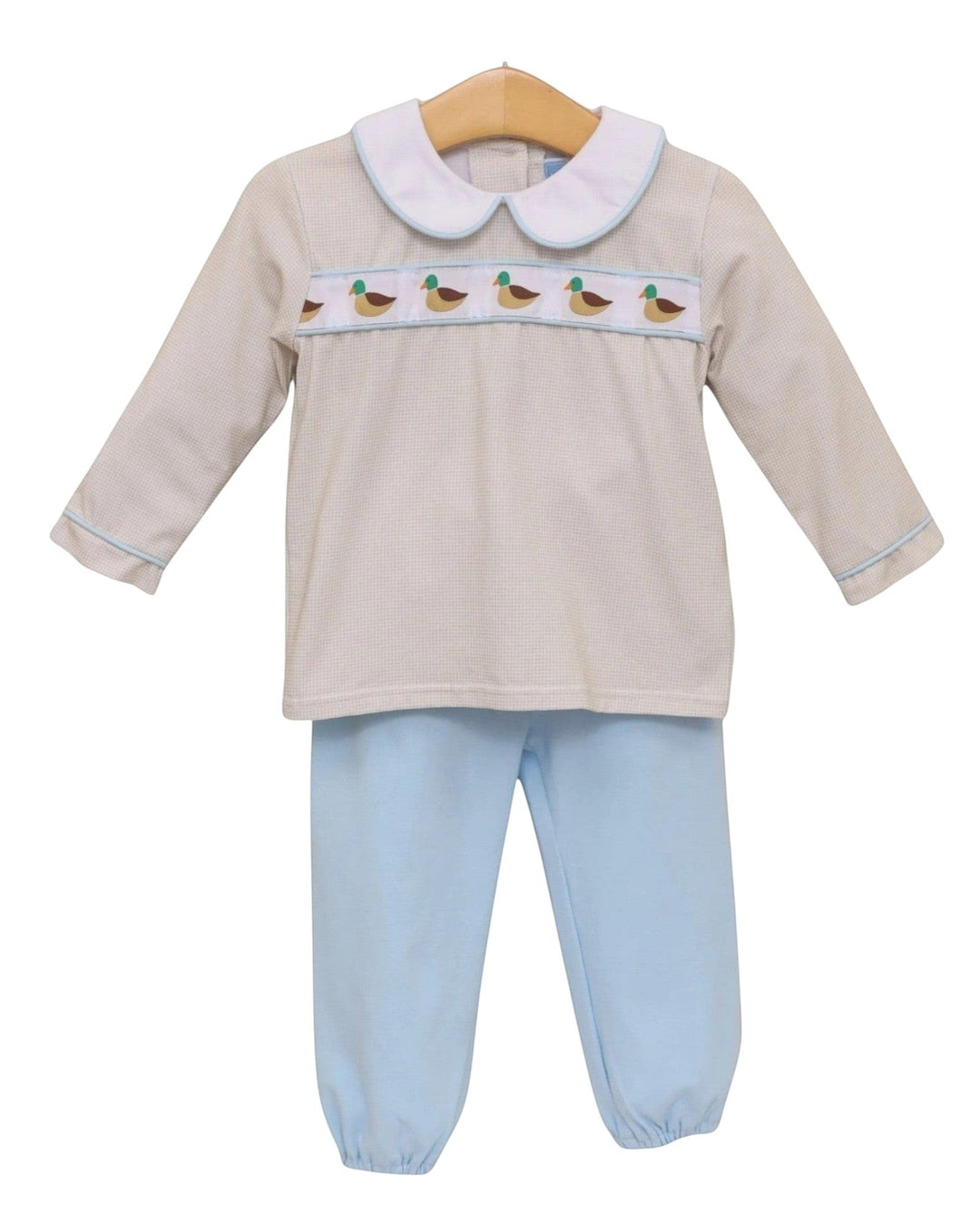 That Store boys two-piece set with brown gingham mallard duck print top, white peter pan collar, and light blue pants.