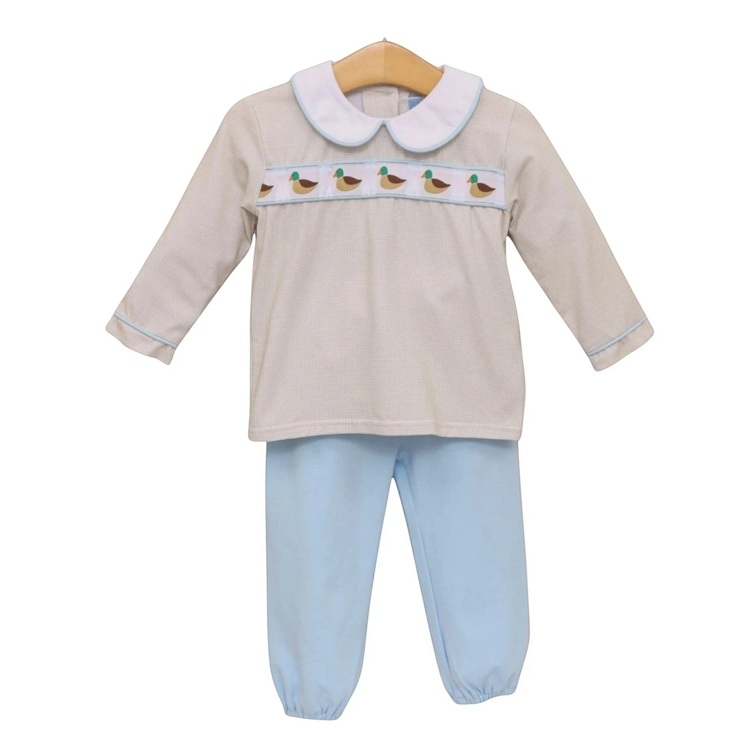 That Store boys two-piece set featuring a brown gingham top with mallard duck embroidery and light blue bloomer pants.
