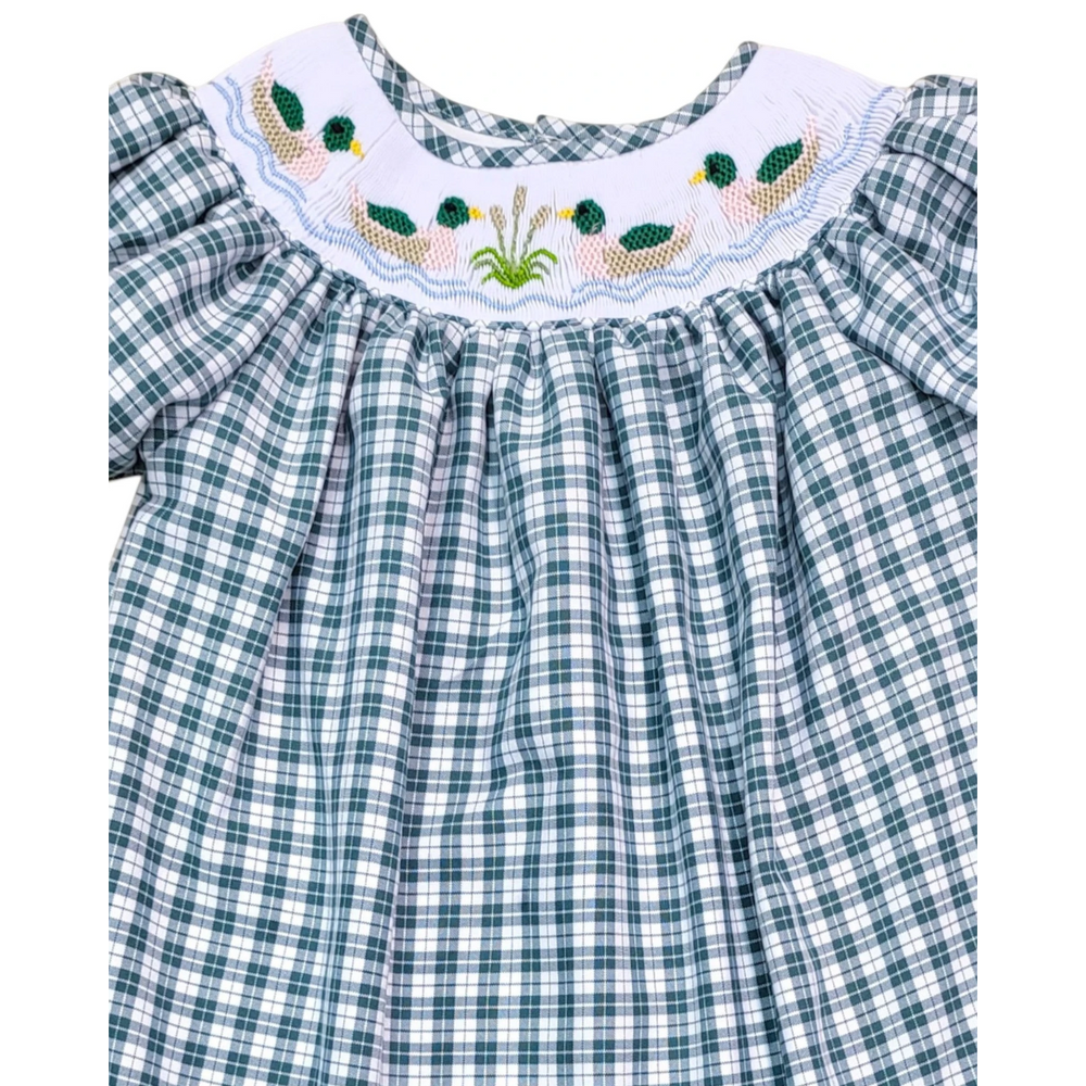 That Store girls smocked bishop dress in mallard green plaid with embroidered duck details on a white collar