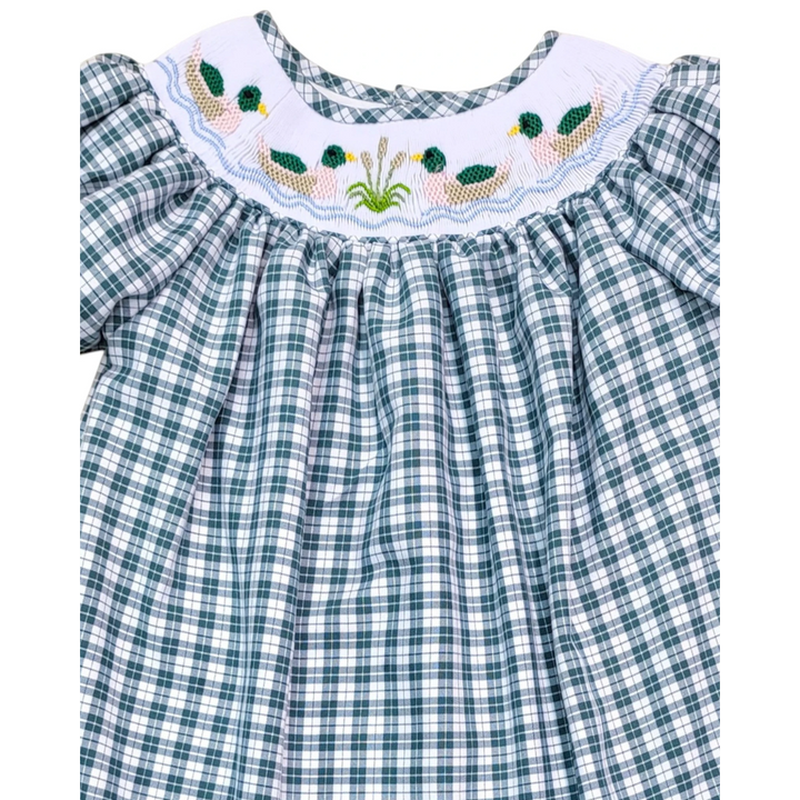 That Store girls smocked bishop dress in mallard green plaid with embroidered duck details on a white collar