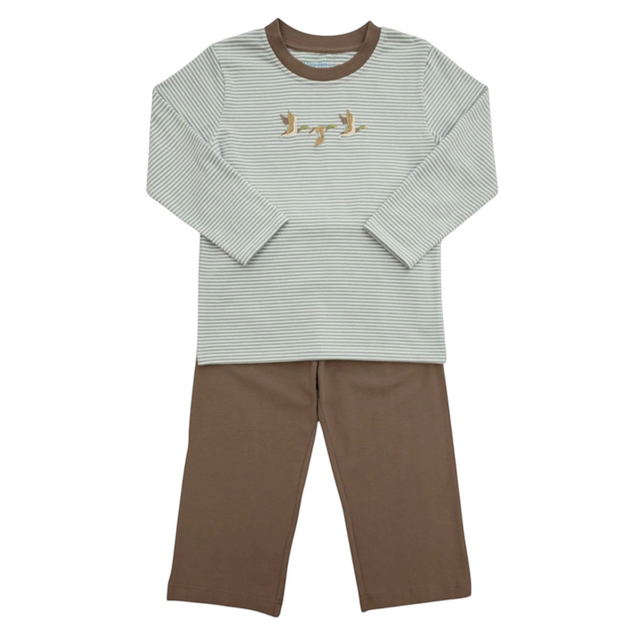 That Store boys two-piece outfit with a green striped long-sleeve shirt featuring mallard duck embroidery and brown pants