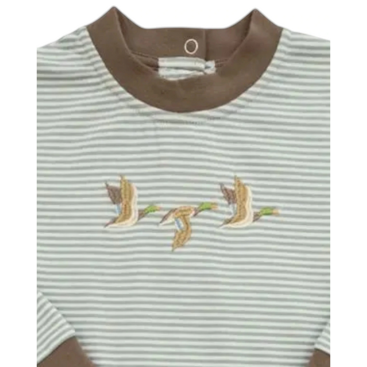 That Store boys romper in green stripes with embroidered mallard ducks and brown ribbed collar