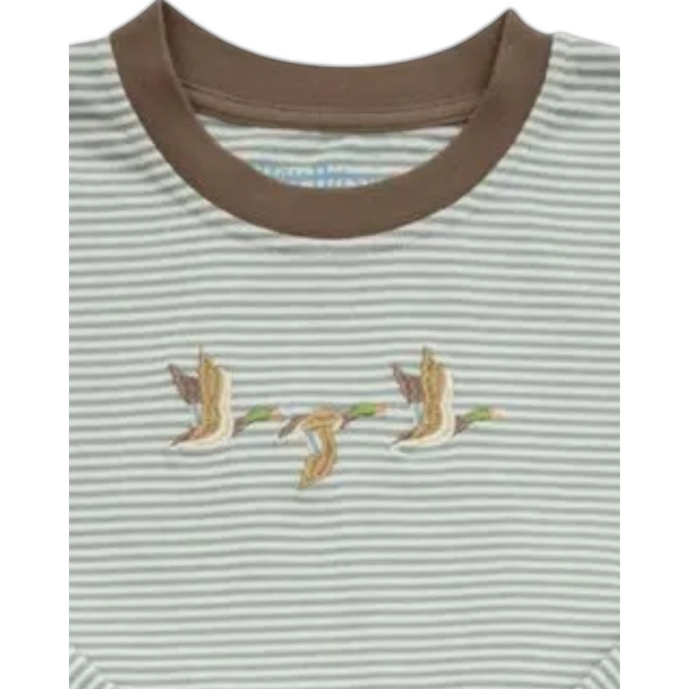 That Store boys mallard green striped shirt with brown crew neck and embroidered flying duck details