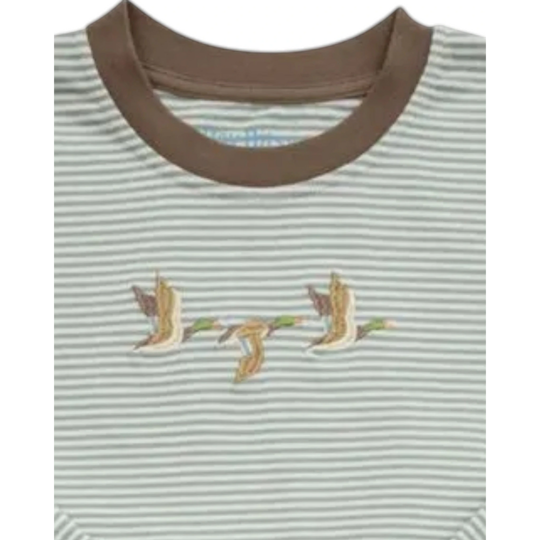 That Store boys mallard green striped shirt with brown crew neck and embroidered flying duck details