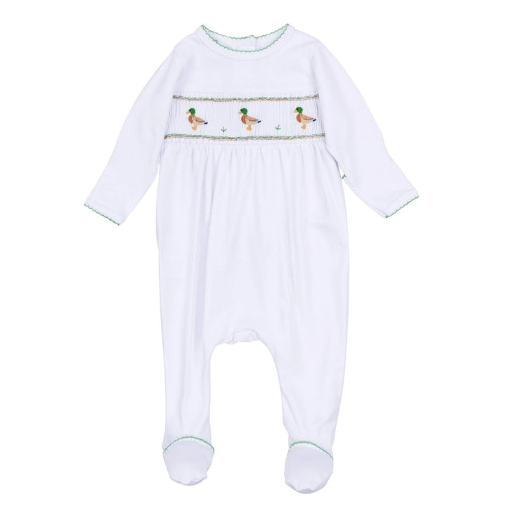 That Store white Pima cotton baby footie with green trim and a smocked mallard duck pattern across the chest.