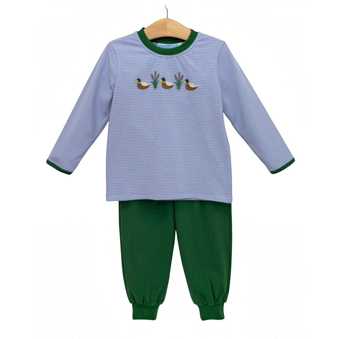 That Store boys blue stripe long sleeve shirt with mallard duck applique and solid green jogger pants set