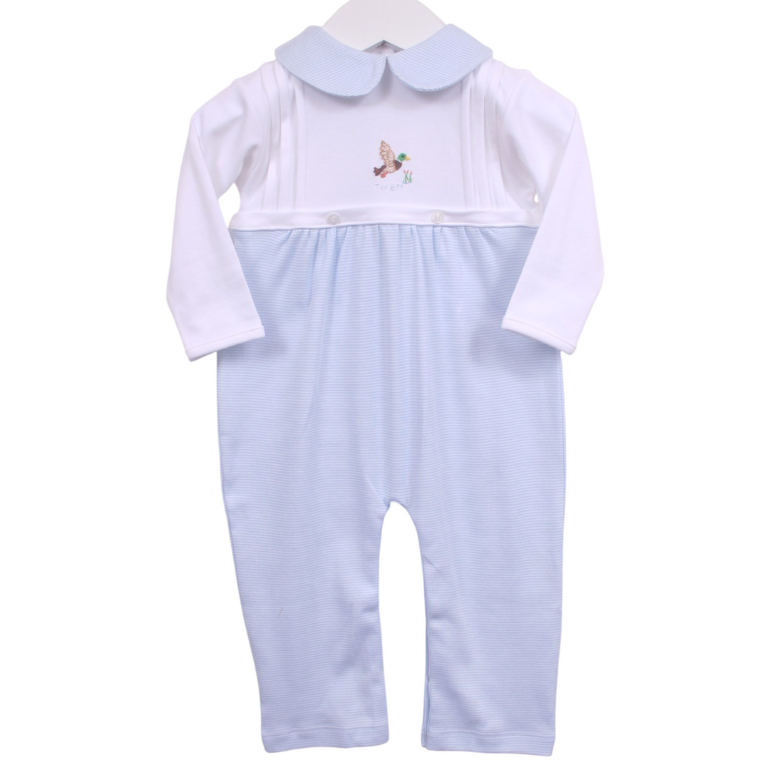 That Store boys long-sleeve romper in blue stripe with a mallard duck applique, made from soft 100% Pima cotton.