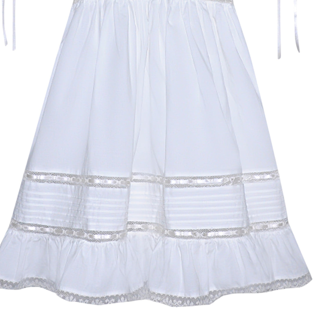 That Store Margaret heirloom white dress featuring intricate ecru lace trim and delicate satin ribbon detailing.