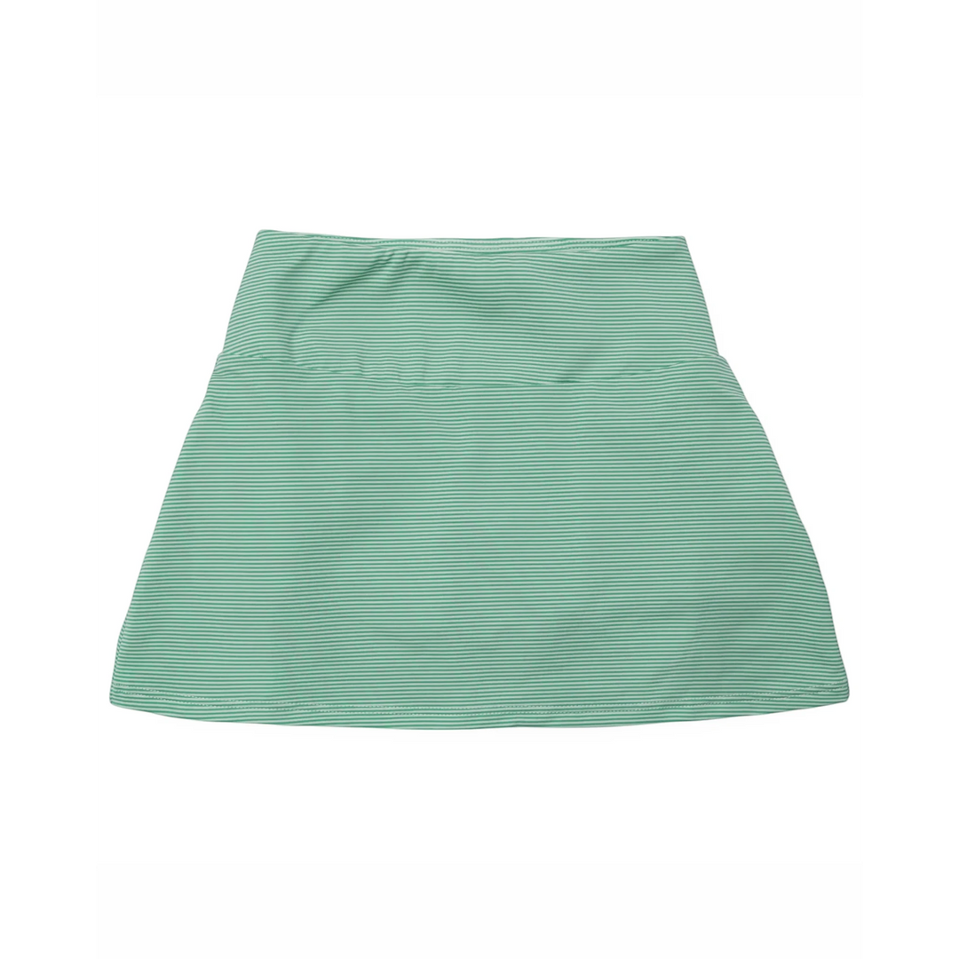 That Store Margot girls' tiered performance skirt in green and white stripes with moisture-wicking fabric.