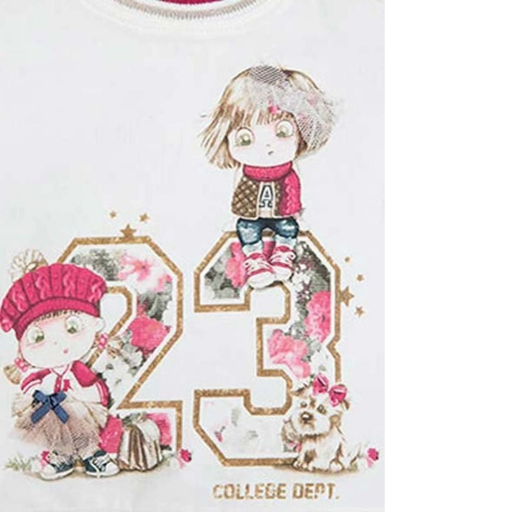 That Store Mayoral white jersey shirt featuring a girl and dog graphic print with floral details and appliqués