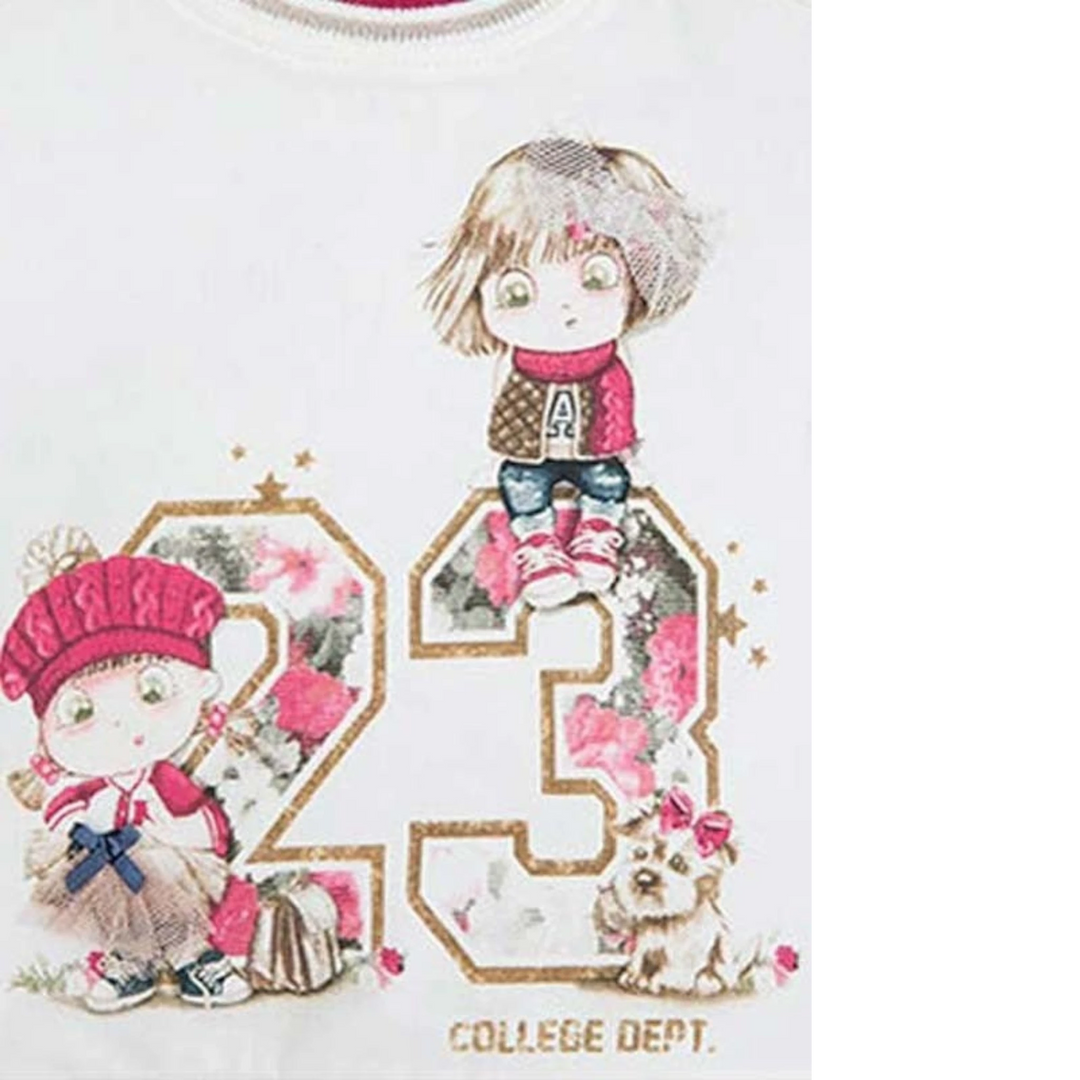 That Store Mayoral white jersey shirt featuring a girl and dog graphic print with floral details and appliqués