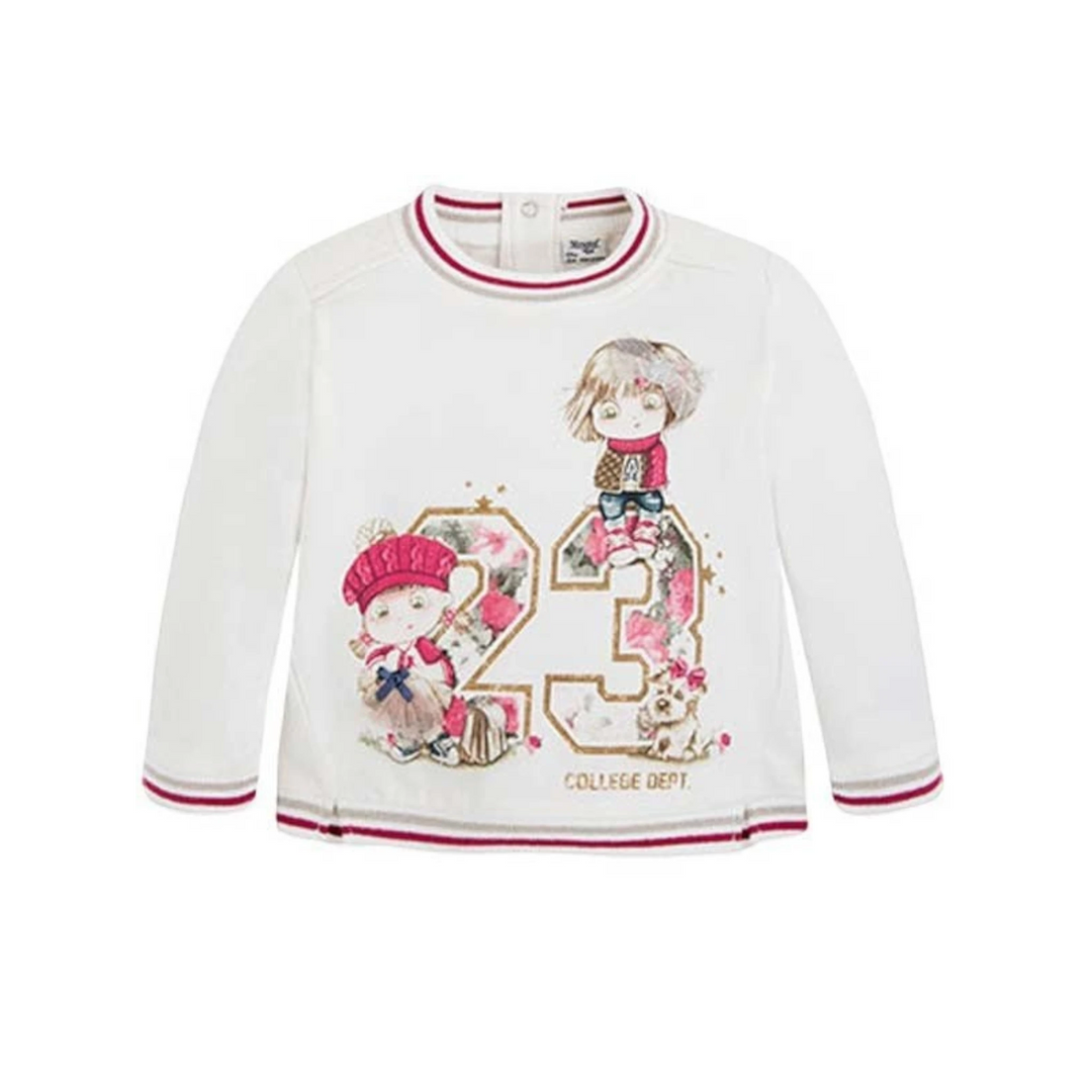 That Store Mayoral white long-sleeve jersey shirt with graphic print, appliqués, and ribbed trim details.