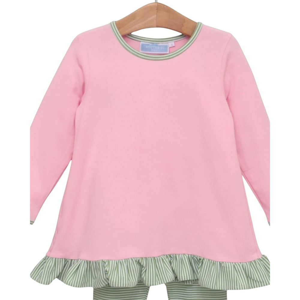 That Store Mila girls long-sleeve pink top with green striped ruffled hem and matching striped pants in cotton blend