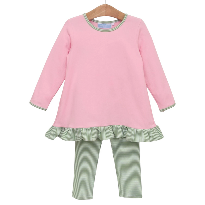That Store Mila girls two-piece set with a pink long-sleeve tunic and green striped leggings in cotton spandex blend.