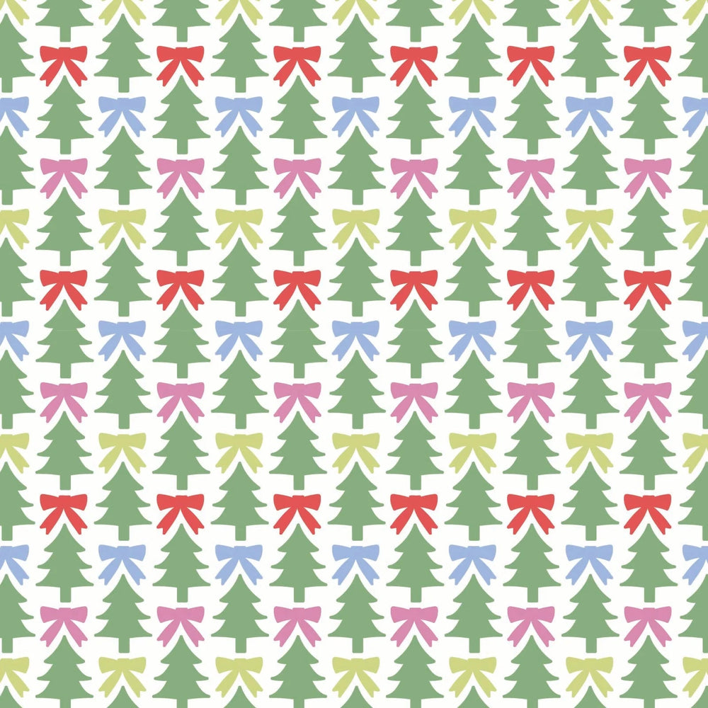 That Store Millie girls' pant set fabric featuring a festive pattern of green Christmas trees and colorful bows.
